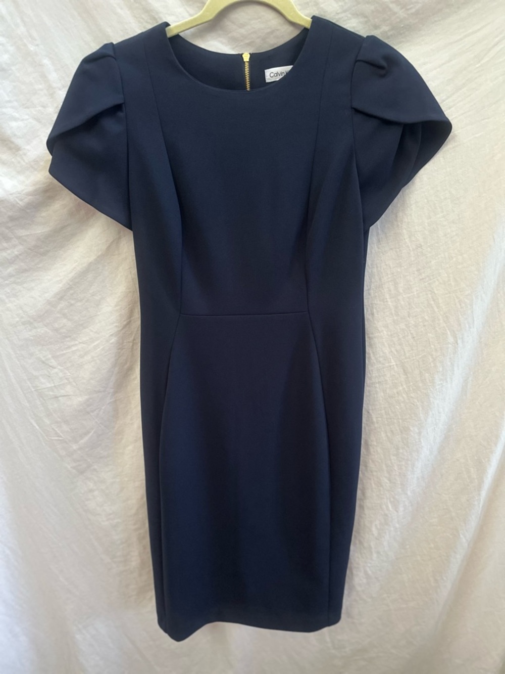 Calvin Klein Navy Puff-Sleeve Midi Sheath Dress